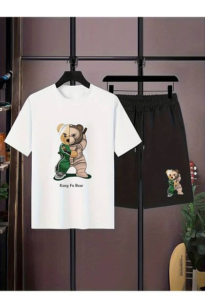 AMMA Kids Kung Fu Bear Printed Bottom Top T-Shirt Shorts Set