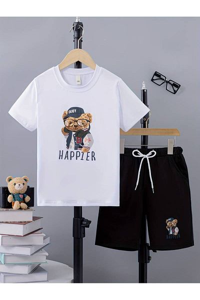 AMMA Children's Happier Printed Bottom Top T-Shirt Shorts Set Unisex