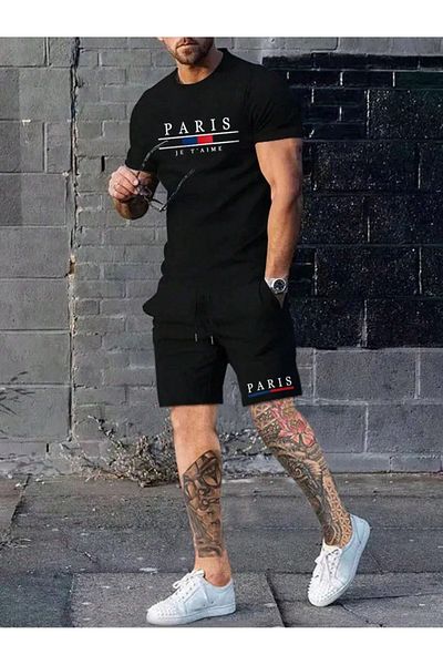 Mythologie Paris Je T'aime T-Shirt Shorts Combination Set - Black Printed Oversize Crew Neck