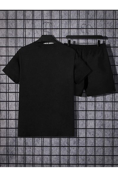 Mythologie Colorful Face T-Shirt Shorts Combination Set - Black Printed Oversize Crew Neck
