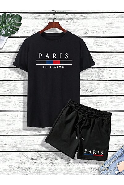 Mythologie Set combinat de pantaloni scurți de tricou Paris Je T&#39;aime - Decolteu cu cap supradimensionat cu imprimeu negru