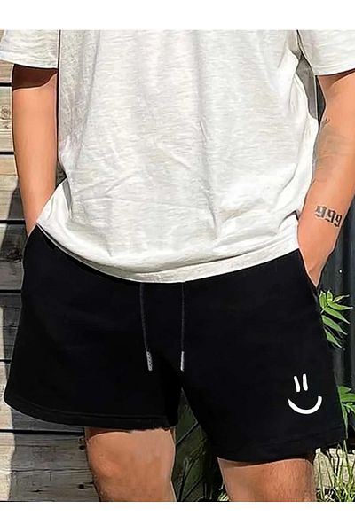 Mythologie Smiling Face Combed Cotton Short Shorts - Black Printed High Waist Knitted Pocket Women