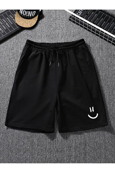 Mythologie Smiling Face Combed Cotton Short Shorts - Black Printed High Waist Knitted Pocket Women