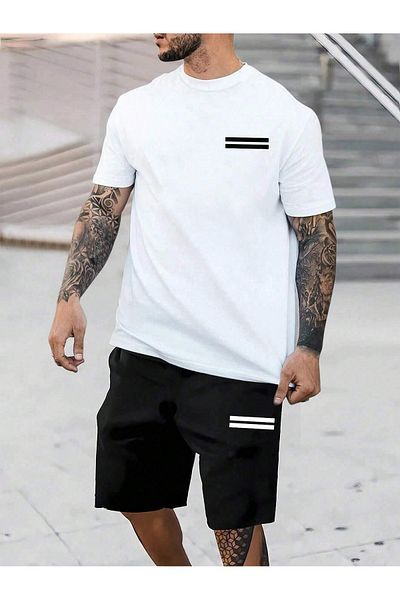 Mythologie Double Line T-Shirt Shorts Combination Set - White Black Printed Oversize Crew Neck