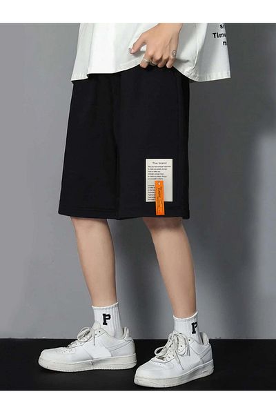 Mythologie Large Label Combed Cotton Short Shorts - Black Printed High Waist Knitted Pocket Women