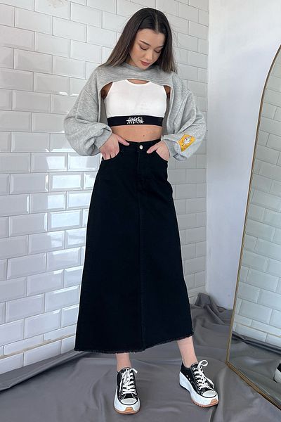GÜLSELİ Fustă neagră de jeans cu ciucuri