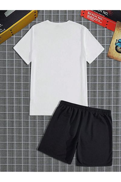 Mythologie Double Line T-Shirt Shorts Combination Set - White Black Printed Oversize Crew Neck