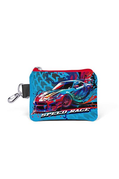 Coral High Gray Blue Race Car Patterned Coin Purse for Kids - 21934