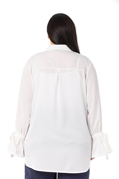 DISENTIS MODEST Plus Size White Shirt with Binding Detail on Sleeves