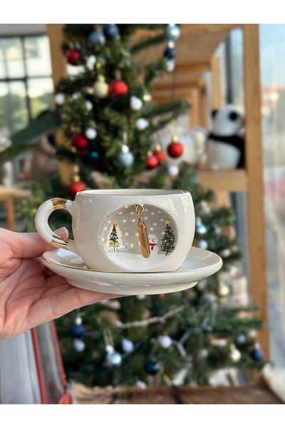 BSK Ceramic Tea Coffee Cup - Christmas Snowman Pine Tree Mug Gift I, Handmade Ceramics