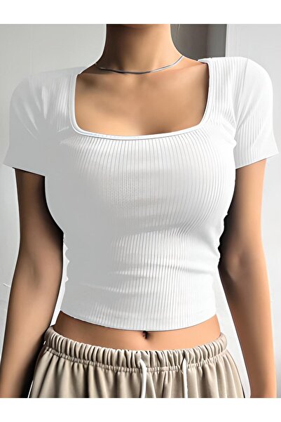 ÖZ PAMUK Γυναικεία μπλούζα με γιακά τετράγωνο λαιμό με ραβδώσεις Crop Pieces ...