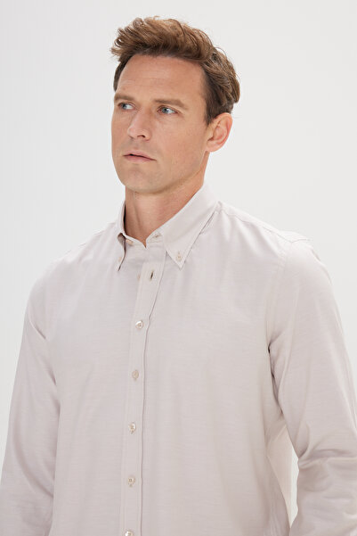 ALTINYILDIZ CLASSICS Cămașă Oxford 100% bumbac pentru bărbați, bej, cu tăietură îngustă, cu nasturi