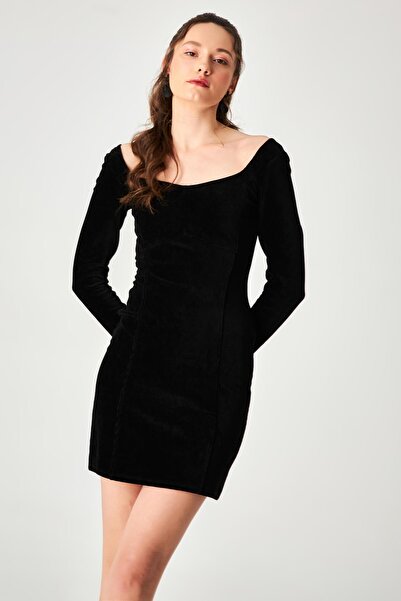 Hanna's by Hanna Darsa Kadın Uzun Kol Geniş Yaka Diz Üstü Kadife Elbise