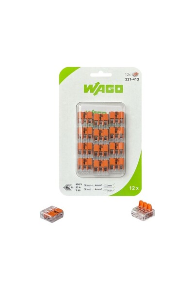 Genel Markalar 221-413 3’lü Kompakt Buat Klemensi 0,2 - 4mm2 X 12 Adet