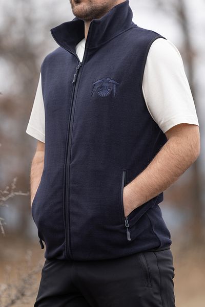 Huğlu Navy Blue Two Pockets Zippered Fleece Vest with Eagle Embroidery