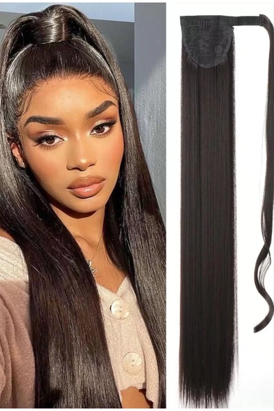 NİLZ قطعة شعر بني مستقيمة على شكل ذيل حصان من الفيلكرو