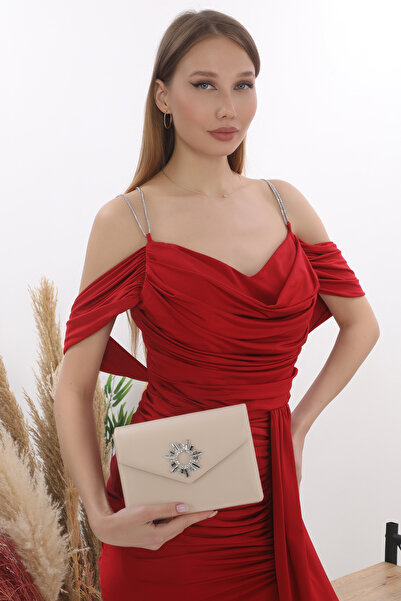 Piedra Evening Dress Bag with Skin Color Stone Accessories, Magnetic Envelope Cover and Can Be Used in Hands and with Shoulder Strap