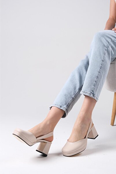 Mio Gusto Evita Beige Color Open Back Platform Women's Heeled Shoes