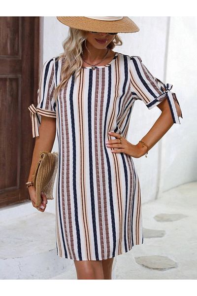hazelin Γυναικείο κρεμ Navy Blue Εισαγόμενο λινό φόρεμα με λαιμόκοψη χωρίς επένδυση HZL24S-FRY 121011