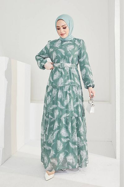 Neşeli Butik women's summer print islamic dress with belt SMS030 - Mint