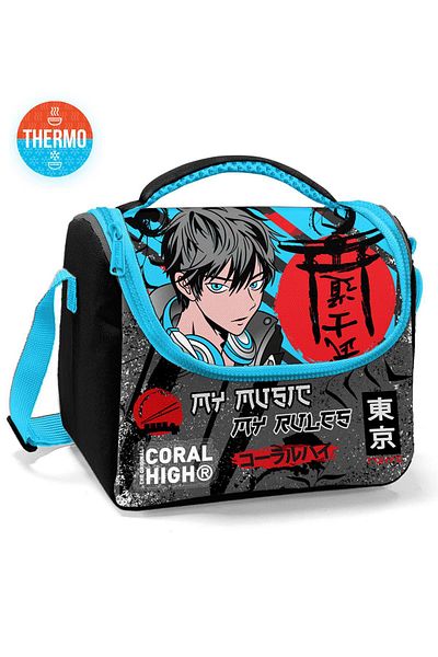 Coral High Детска термо кутия за обяд с аниме шарки, черно-синя - 11876