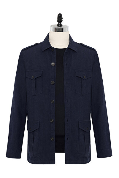 Germirli Lacivert Denim Dokulu Strech Tailor Fit Rahat Kalıp Safari Organik Denim Pamuk Ceket Gömlek