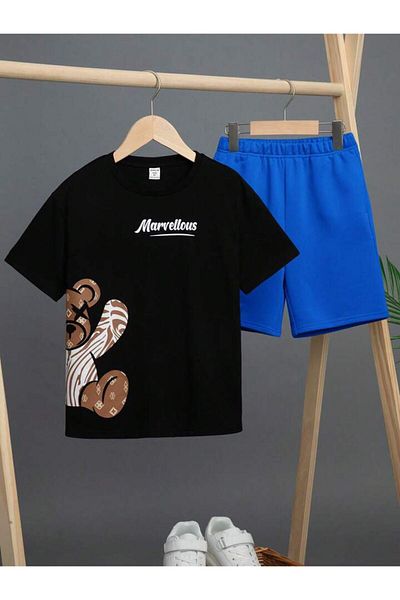Machetta Children's Side Teddy Bear Printed Top and Bottom Set Cotton Shorts T-Shirt Set
