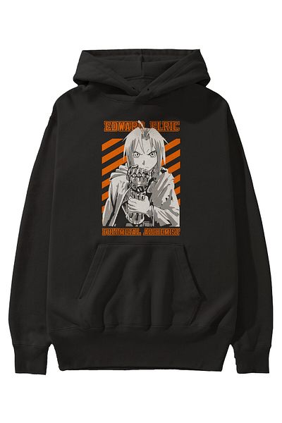 Ankhises EDWARD ELRIC Hanorac negru cu glugă cu imprimeu în față Anime Hanorac supradimensionat cu glugă Bărbați Femei