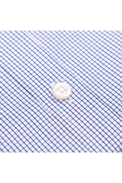 Germirli White Navy Blue Mini Plaid Tailor Fit Comfortable Fit Button Collar Pure Cotton Exclusive Shirt