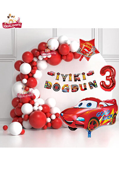 Genel Markalar Bannerli 3 Yaş Yıldız Araba Folyo Balonlu Kırmızı Beyaz Konsept Doğum Günü Parti Seti