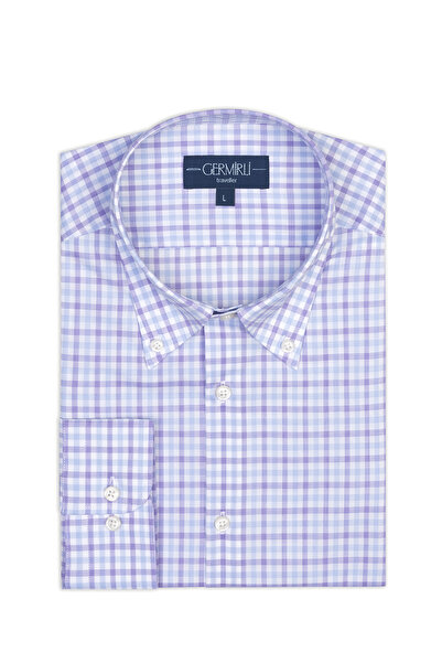 Germirli Lila Mavi Beyaz Kareli Düğmeli Yaka Tailor Fit Journey Twill Non Iron Pamuk Gömlek