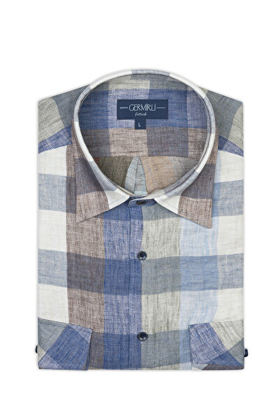 Germirli Kapak Cepli Soft Yaka Mavi Bej Yeşil Ekose Keten Tailor Fit Overshirt Gömlek