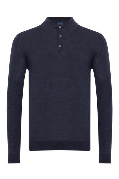 Germirli Havacı Mavi Düğmeli Polo Yaka Regular Fit Extra Fine Yün Erkek Triko