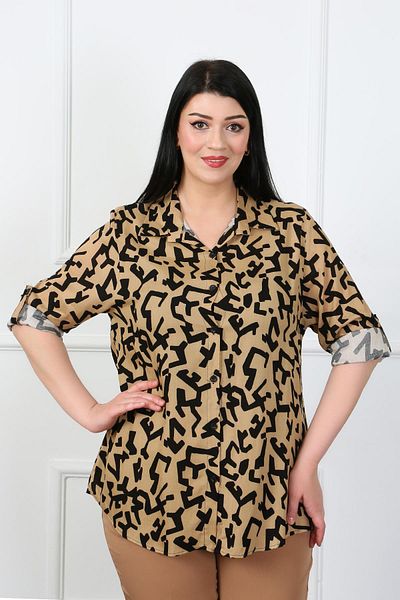By Alba Collection Дамска памучна вискозна риза с кафяви шарки с голям размер