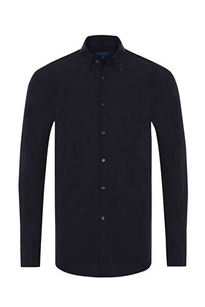 Germirli Lacivert Düğmeli Yaka Tailor Fit Erkek Gömlek