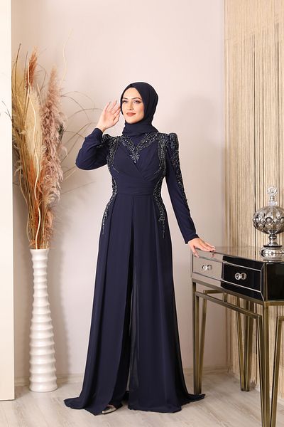 Halezademoda Collar and shoulder Stone Embroidered Jumpsuit Sun