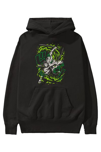 Ankhises ZORO-ONE PIECE (2) Hanorac negru cu glugă cu imprimeu în față Anime Hanorac supradimensionat cu glugă Bărbați Femei