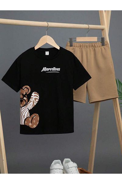 Machetta Children's Side Teddy Bear Printed Top and Bottom Set Cotton Shorts T-Shirt Set