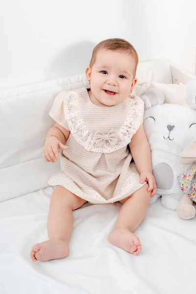 MİNİBORN NEW BORN GIRL SHORT SLEEVE NATURAL LINEN ROBA SKIRT TULE DETAILED RIBBON DRESS