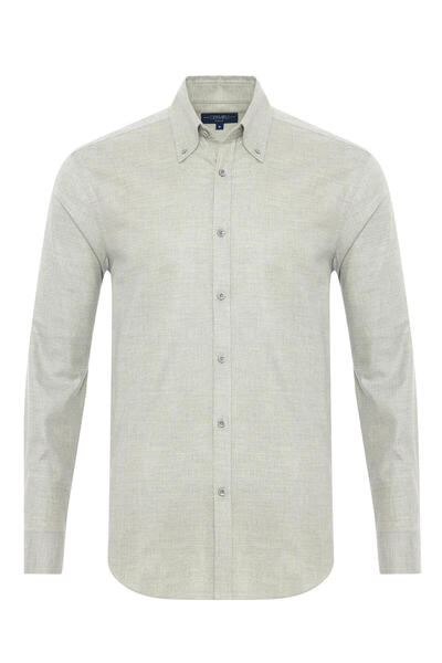 Germirli Light Gray Buttoned Collar Albini Cotton Tailor Fit Comfortable Fit Herringbone Flannel Shirt