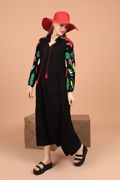 RICHMOST Women's Long Sleeve and Tall Viscose Fabric Dress with Embossed Print Detail on Sleeves Summer/Spring Black