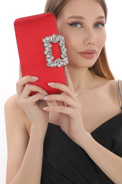 womenacs Culoare roșie din țesătură satinată cu flori cu motive de piatră și curea rochie de seară portofoliu pochette geantă de seară