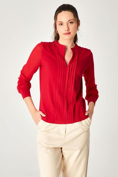 Hanna's by Hanna Darsa Women's Round Open Neck Pleated Long Chiffon Sleeve Blouse