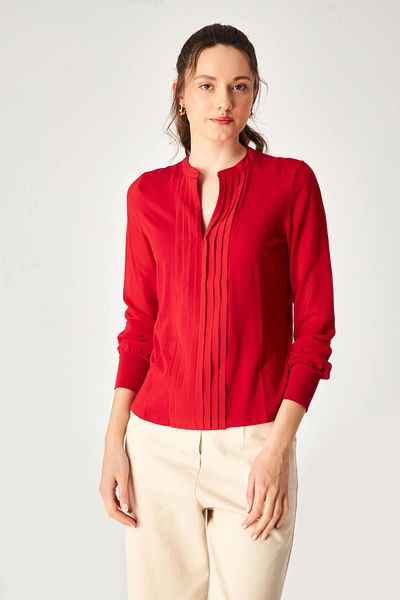 Hanna's by Hanna Darsa Women's Round Open Neck Pleated Long Chiffon Sleeve Blouse