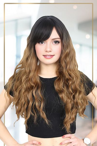 KONAK PERUK Fiber Synthetic Black/Caramel Ombreli Long Water Wave Perch Wig