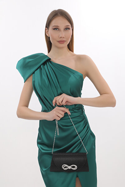 Piedra Black Colored Evening Dress Bag with Stone and Magnetic Cover, Can Be Used in Hand and with Shoulder Strap