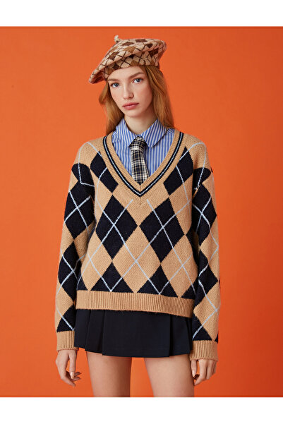 Koton Oversize Triko Kazak Baklava Desenli