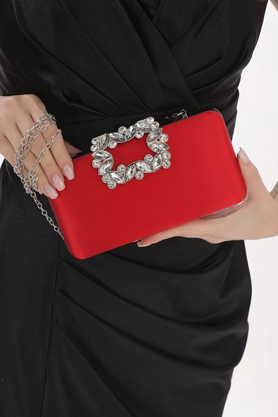 womenacs Culoare roșie din țesătură satinată cu flori cu motive de piatră și curea rochie de seară portofoliu pochette geantă de seară