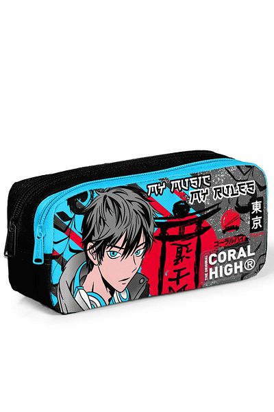 Coral High Μαύρη μπλε τσάντα στυλό με σχέδιο Anime 12076 - Δύο θήκες