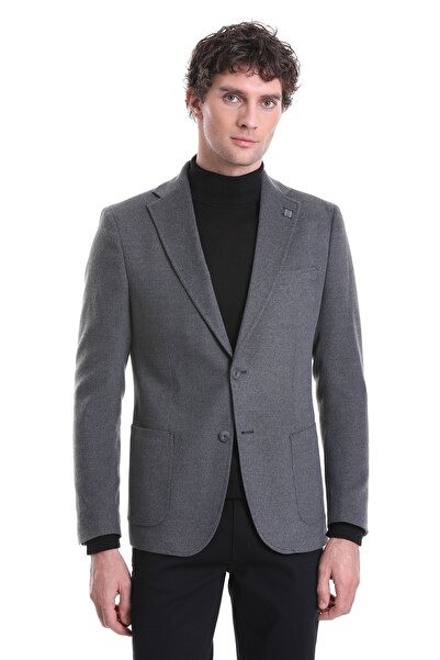 Hatemoğlu Gri Slim Fit Düz Mono Yaka Casual Ceket